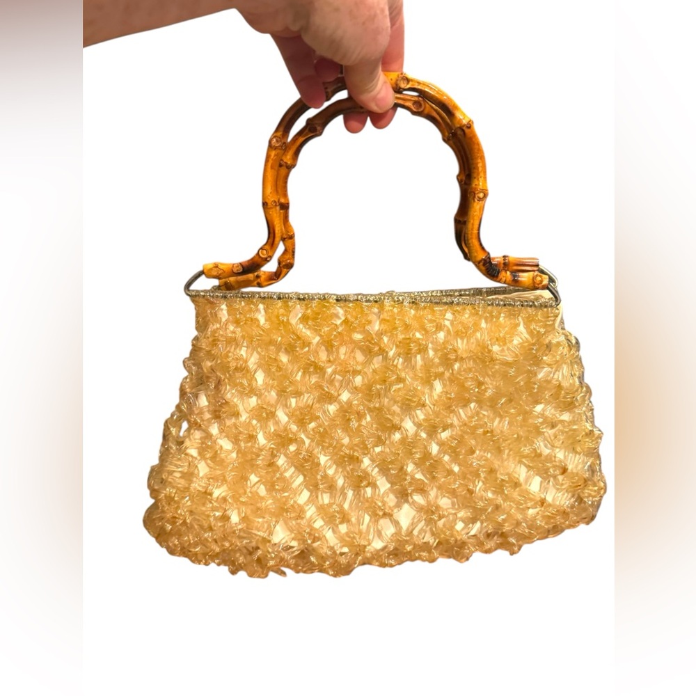 Elegant Handmade Heavy Plastic Gold Handbag with Bamboo Handle 1960s
